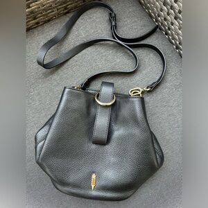 THACKER New York Elegant Black Leather Shoulder/Crossbody Bag With Gold Hardware